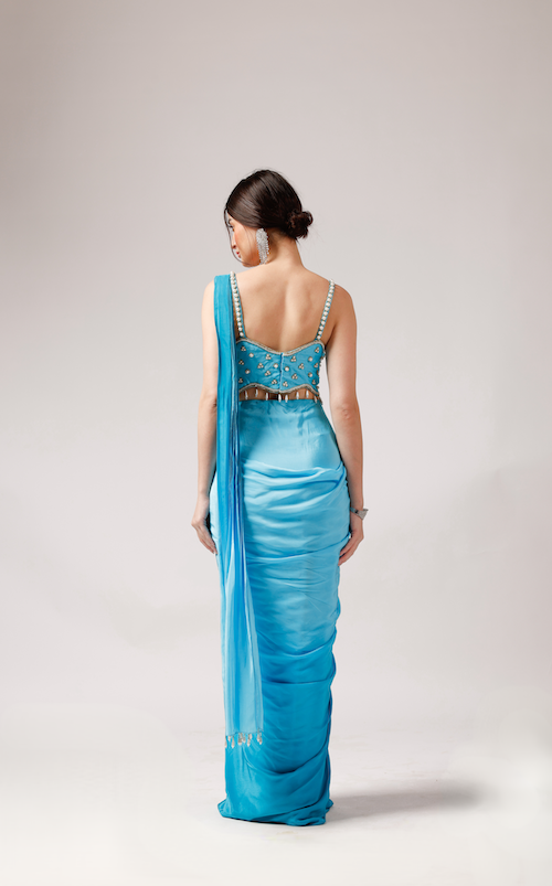 Cerulean Skyline: Bright Blue Saree with Ombré Shading and Exquisite Embellishments