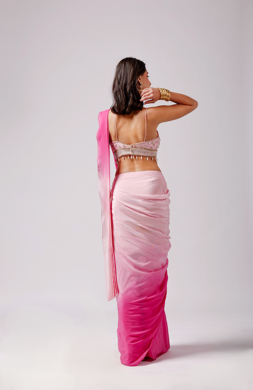 Rosy Radiance: Pink Saree with Ombré Shading and Stringed Blouse