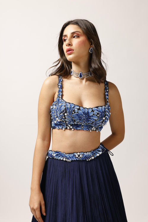 Starry Night Ensemble: Midnight Blue Lehenga with Pearl & Cutwork Blouse