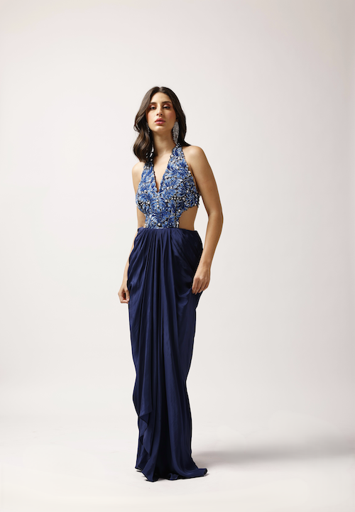 Midnight Majesty: Pearl-Embroidered Dress with Organza Jacket
