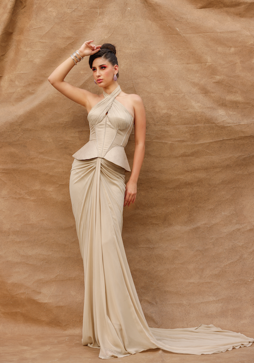 Golden Sands Glow: Beige Skirt Set with Corset Blouse and Halter Neck Sleeve