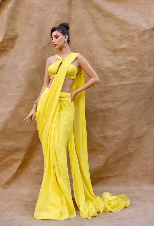 Golden Sunshine: Solid Yellow Saree with Strap Sleeve Blouse