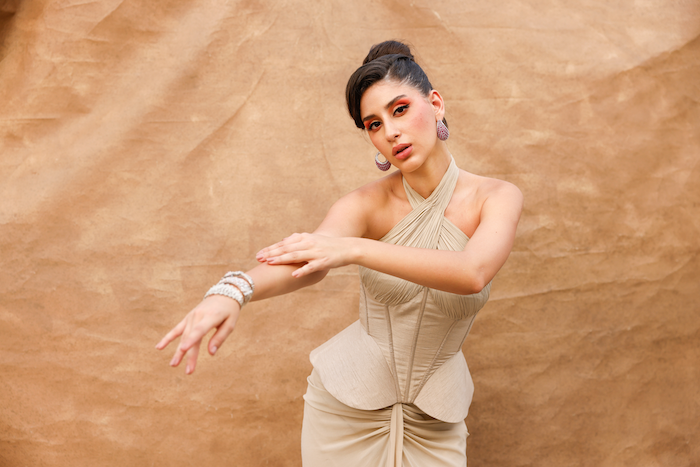 Golden Sands Glow: Beige Skirt Set with Corset Blouse and Halter Neck Sleeve