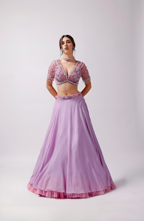 Lavender Dreams: Solid Lavender Net Lehenga Ensemble