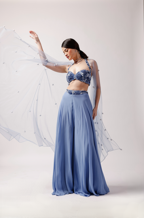 Ocean Breeze: Blue Palazzo Set with Pearl and Petal Embroidery