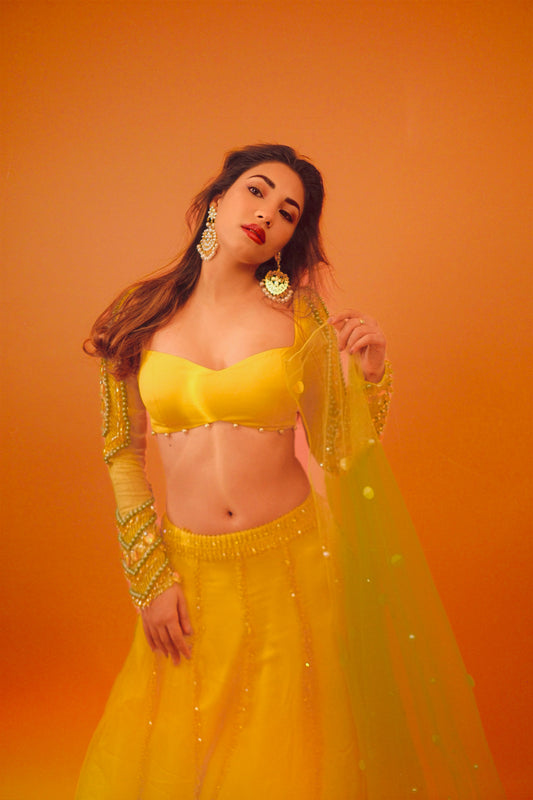 Shivani Singh X Anshika Tak Label (Radiant Opulence: Our Yellow Lengha Set with Exquisite Crystal Embellishments)