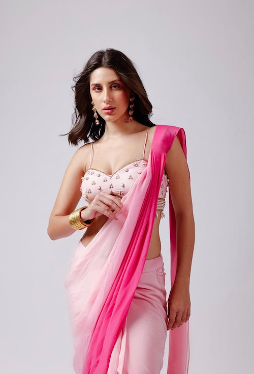 Rosy Radiance: Pink Saree with Ombré Shading and Stringed Blouse