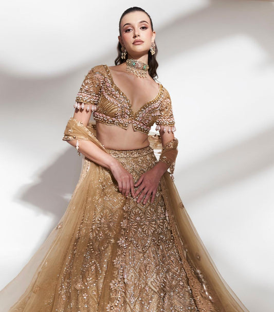 Golden Radiance: Embroidered Lehenga with Sequins and Beaded Detailing