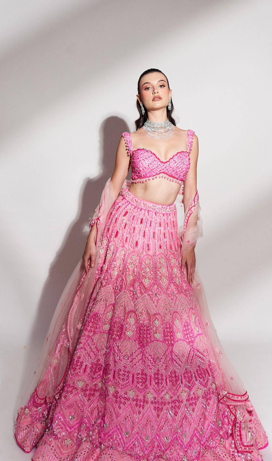 Rosé Radiance: Pink Embroidered Lehenga with Sequins and Beaded Accents