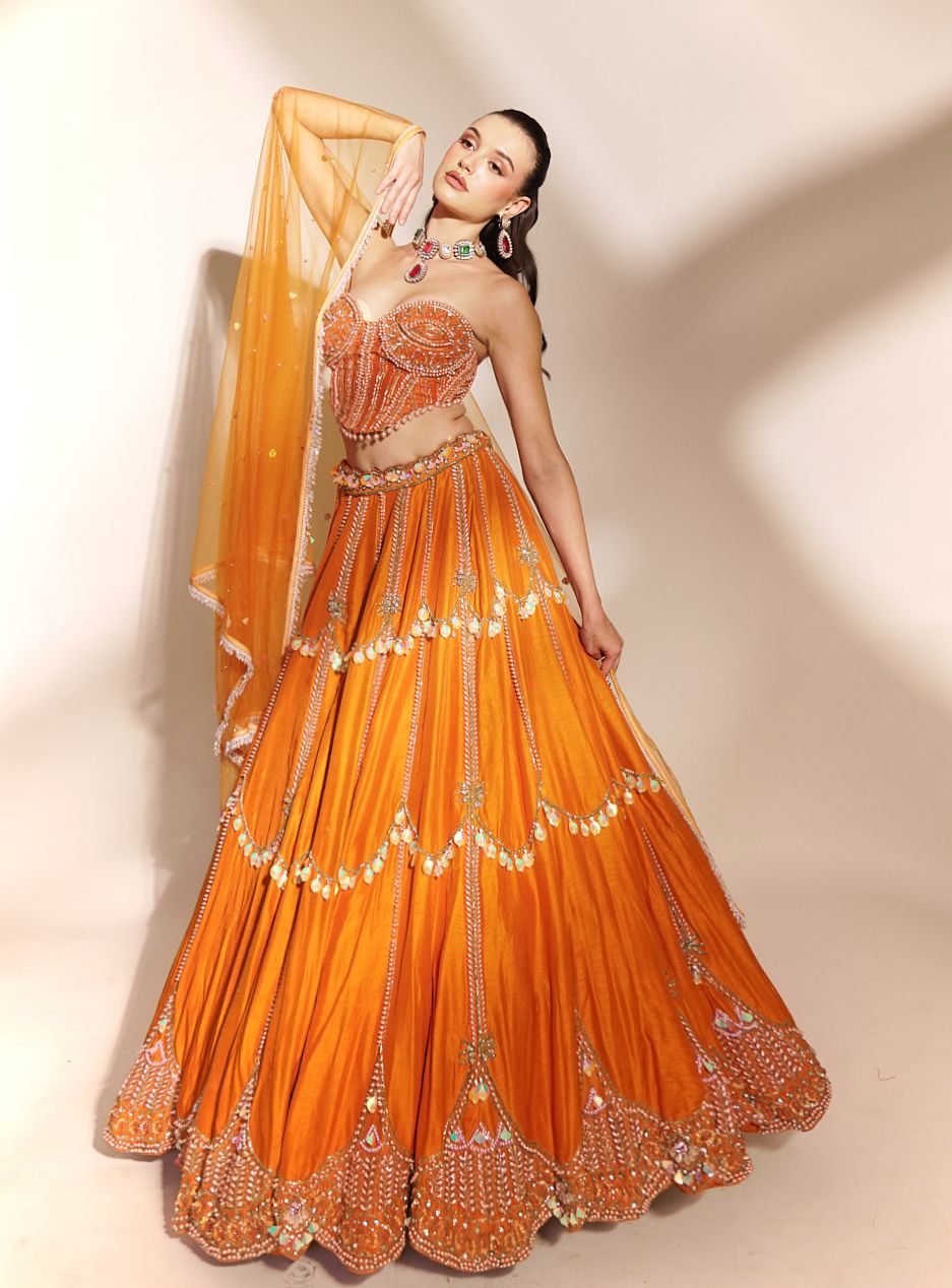 Tangerine Glow: Orange Embroidered Lehenga with Sequins and Cutwork