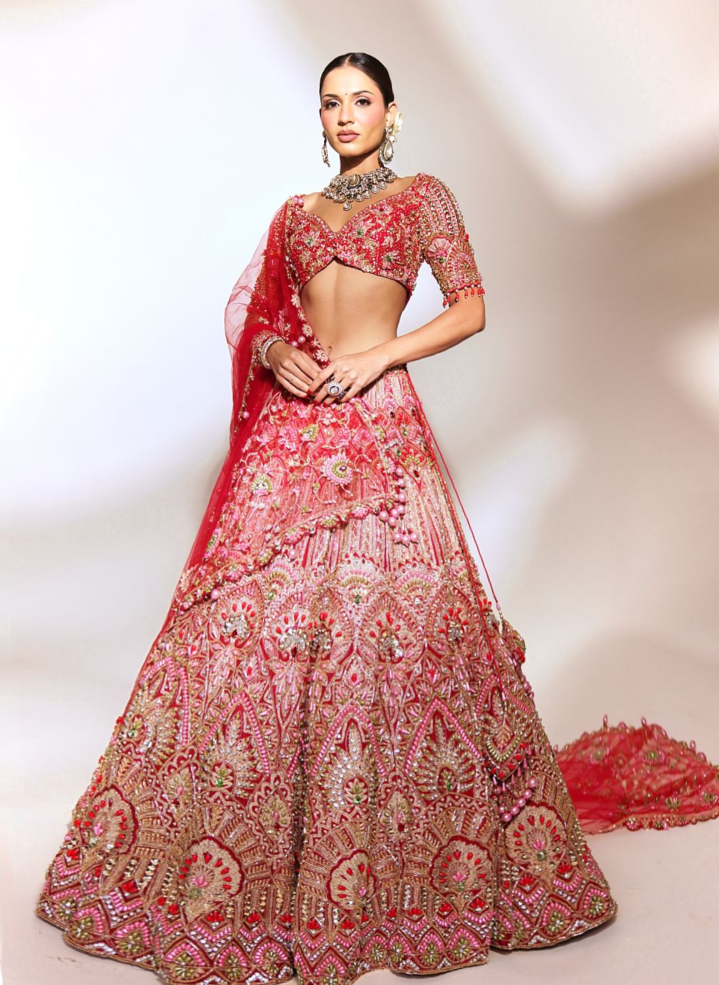 Crimson Majesty: Red Heavily Embroidered Lehenga with Gold and Sequin Detailing
