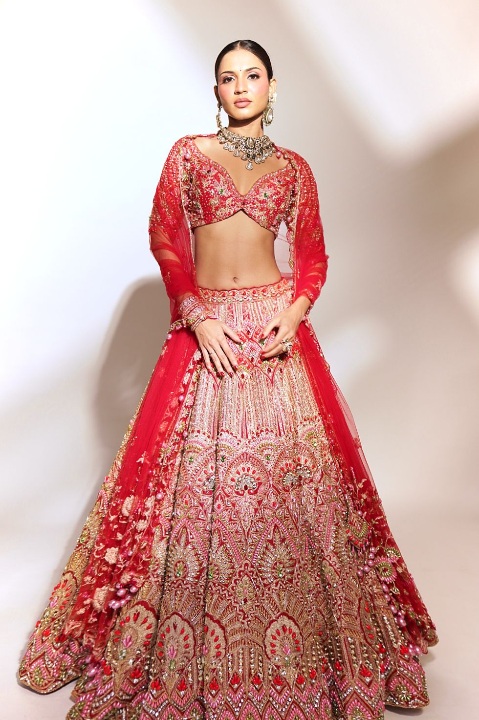 Crimson Majesty: Red Heavily Embroidered Lehenga with Gold and Sequin Detailing