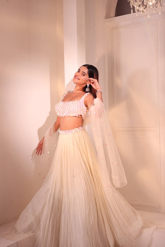 Meghna Kaur X Anshika Tak Label ( Ivory Sequin Bliss: Ruched Lengha with Tassel Accents)
