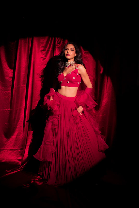 Radiant Red Reverie: Ruched Lengha Elegance with Embroidered Blouse and Ruffled Dupatta