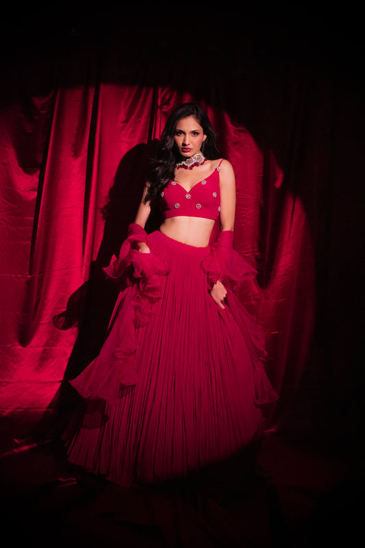 Radiant Red Reverie: Ruched Lengha Elegance with Embroidered Blouse and Ruffled Dupatta