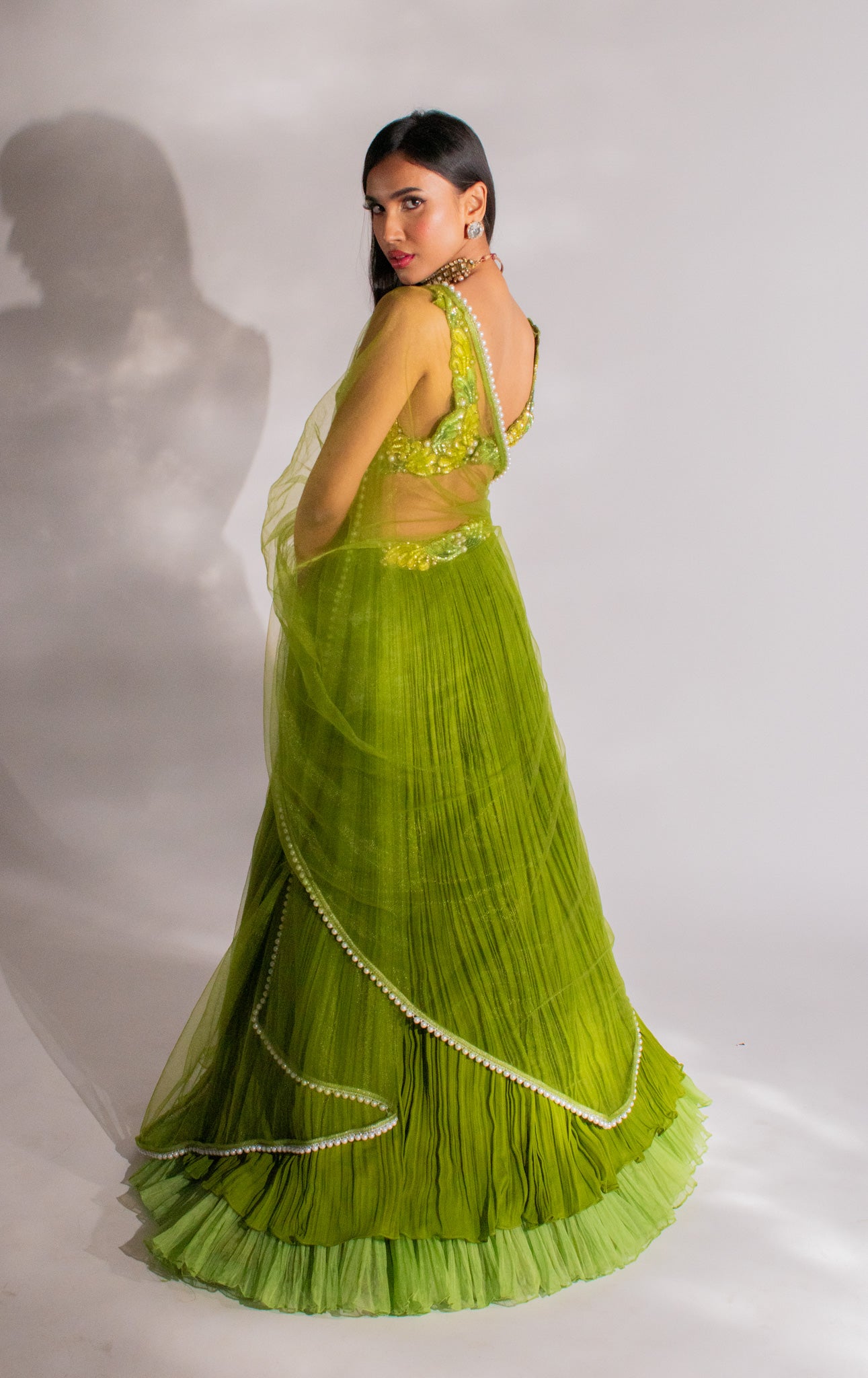 Enchanting Georgette Ruched Lengha: Embroidered Blouse and Ethereal Net Dupatta