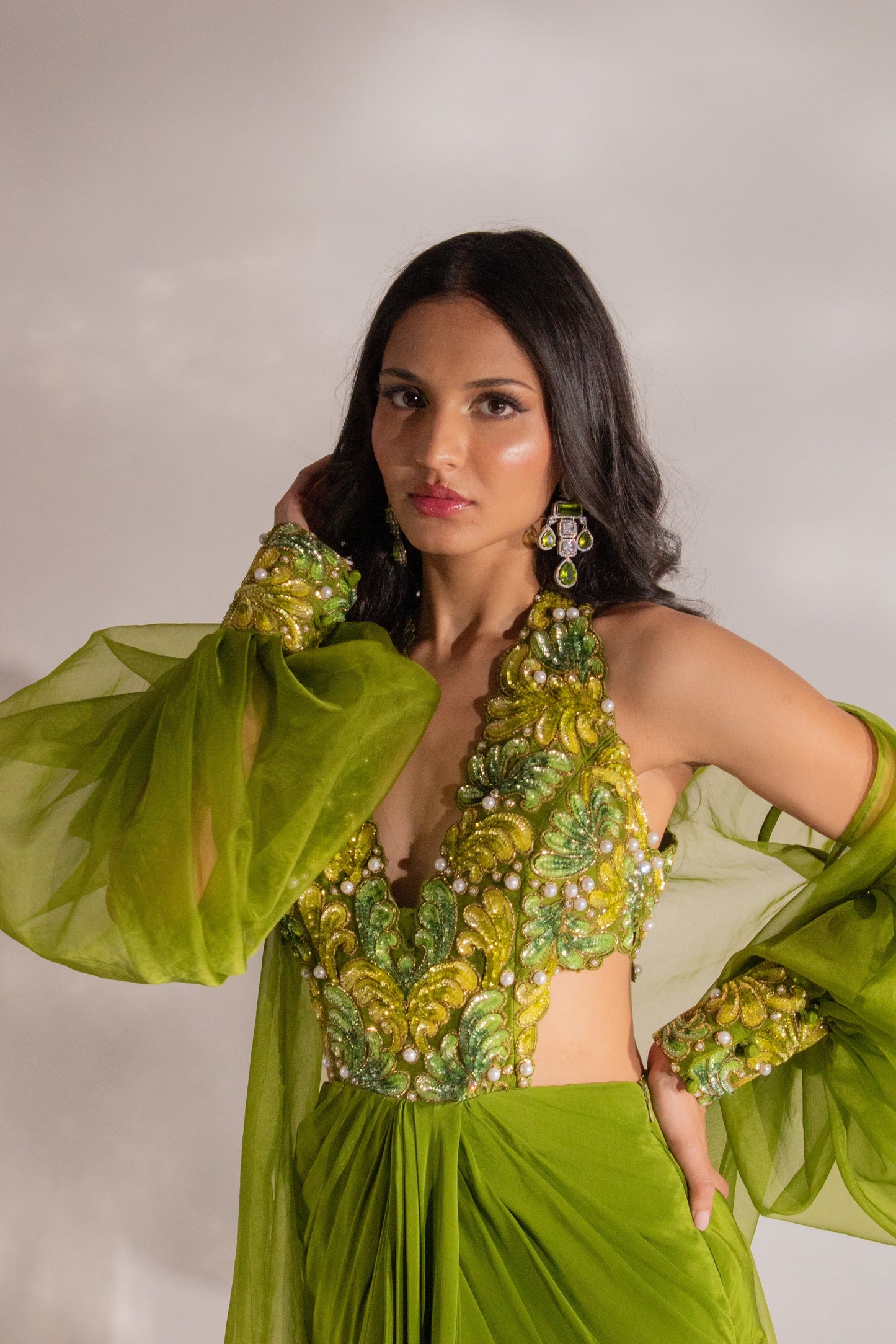Meghana Shijwani X Anshika Tak Label ( Enchanting Olive Elegance: Pearl-Embroidered Dress with Organza Jacket )