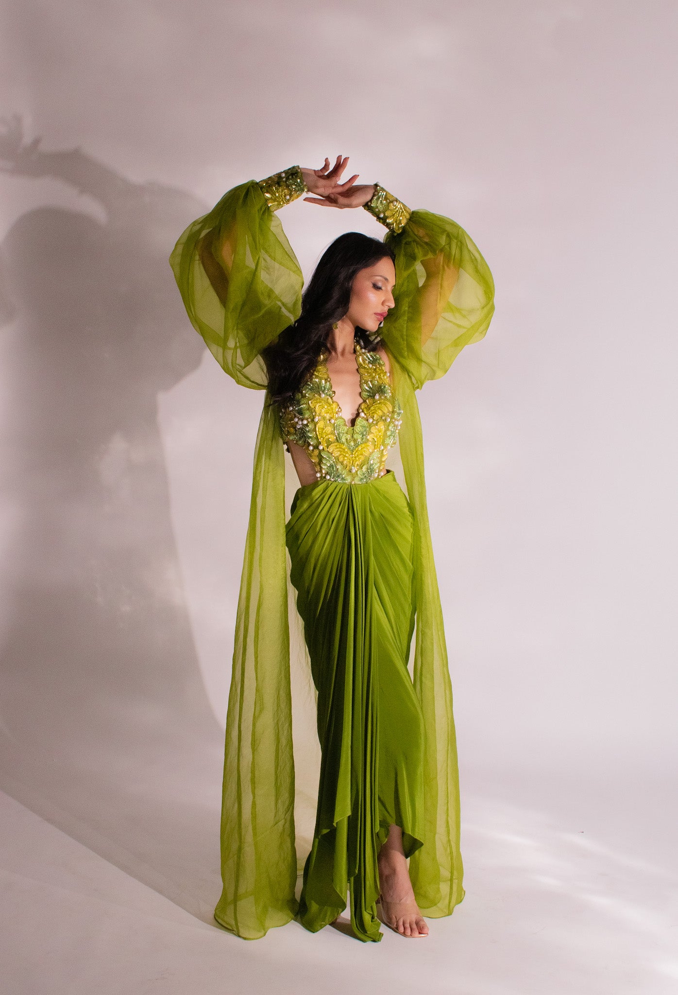 Enchanting Olive Elegance: Pearl-Embroidered Dress with Organza Jacket Anshika Tak Official Enchanting Olive Elegance: Pearl-Embroidered Dress with Organza Jacket Anshika Tak Official