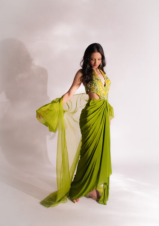 Enchanting Olive Elegance: Pearl-Embroidered Dress with Organza Jacket