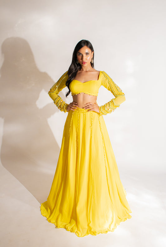 Radiant Opulence: Our Yellow Lengha Set with Exquisite Crystal Embellishments
