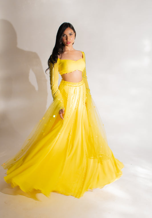 Radiant Opulence: Our Yellow Lengha Set with Exquisite Crystal Embellishments