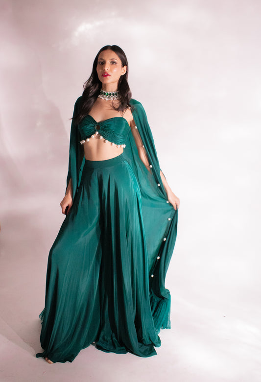 Verdant Allure: Gathered Blouse, Palazzo, and Pearl Cape Ensemble
