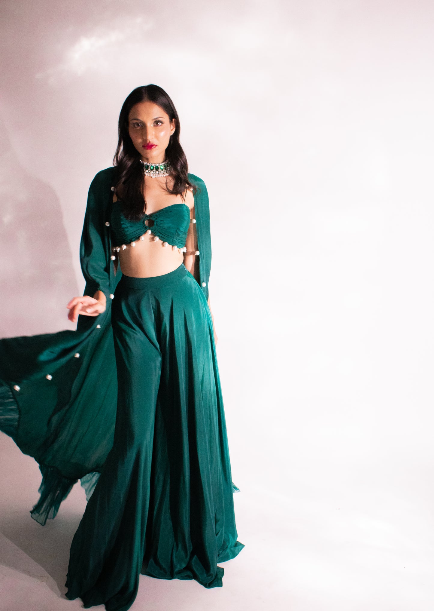 Verdant Allure: Gathered Blouse, Palazzo, and Pearl Cape Ensemble