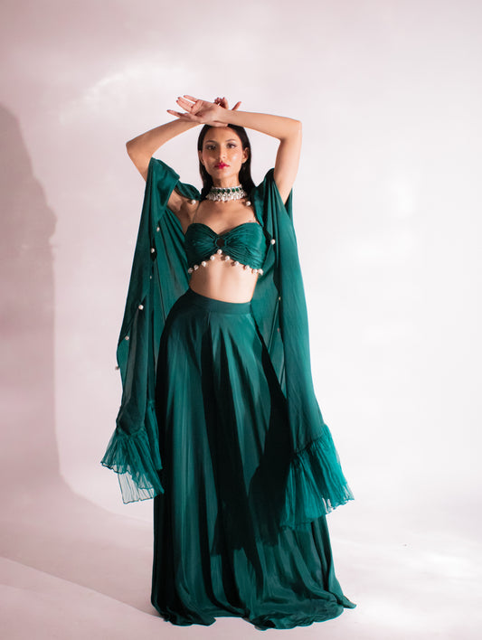 Verdant Allure: Gathered Blouse, Palazzo, and Pearl Cape Ensemble