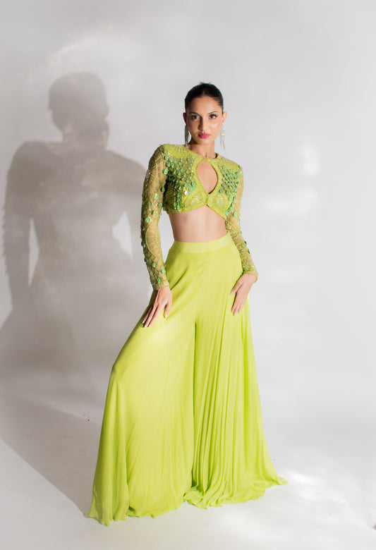 Celestial Green: A Palazzo & Crop Top Set Adorned with Elegance and Sparkle