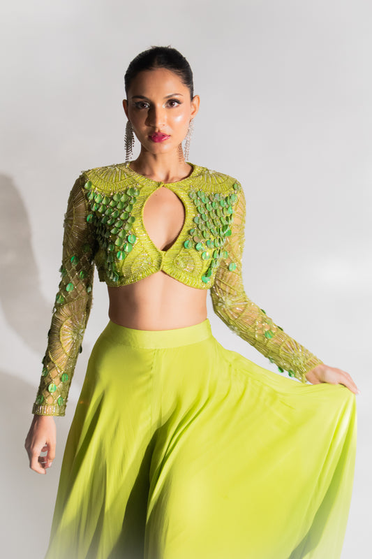 Celestial Green: A Palazzo & Crop Top Set Adorned with Elegance and Sparkle