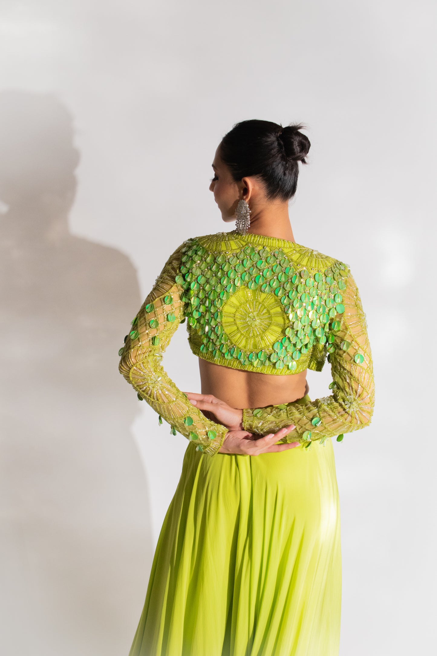 Celestial Green: A Palazzo & Crop Top Set Adorned with Elegance and Sparkle