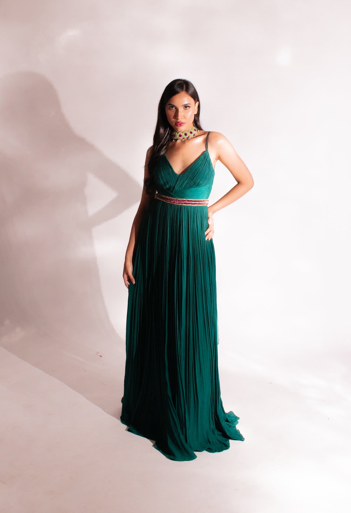 Sage Spirit- Unveil Elegance & Embrace Enchantment with our ruched suit & choker neck dupatta