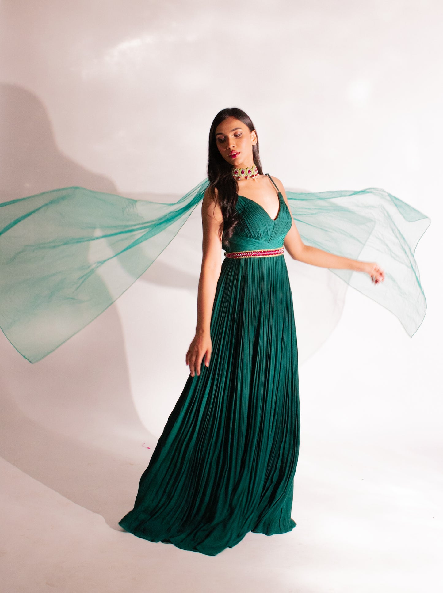 Sage Spirit- Unveil Elegance & Embrace Enchantment with our ruched suit & choker neck dupatta