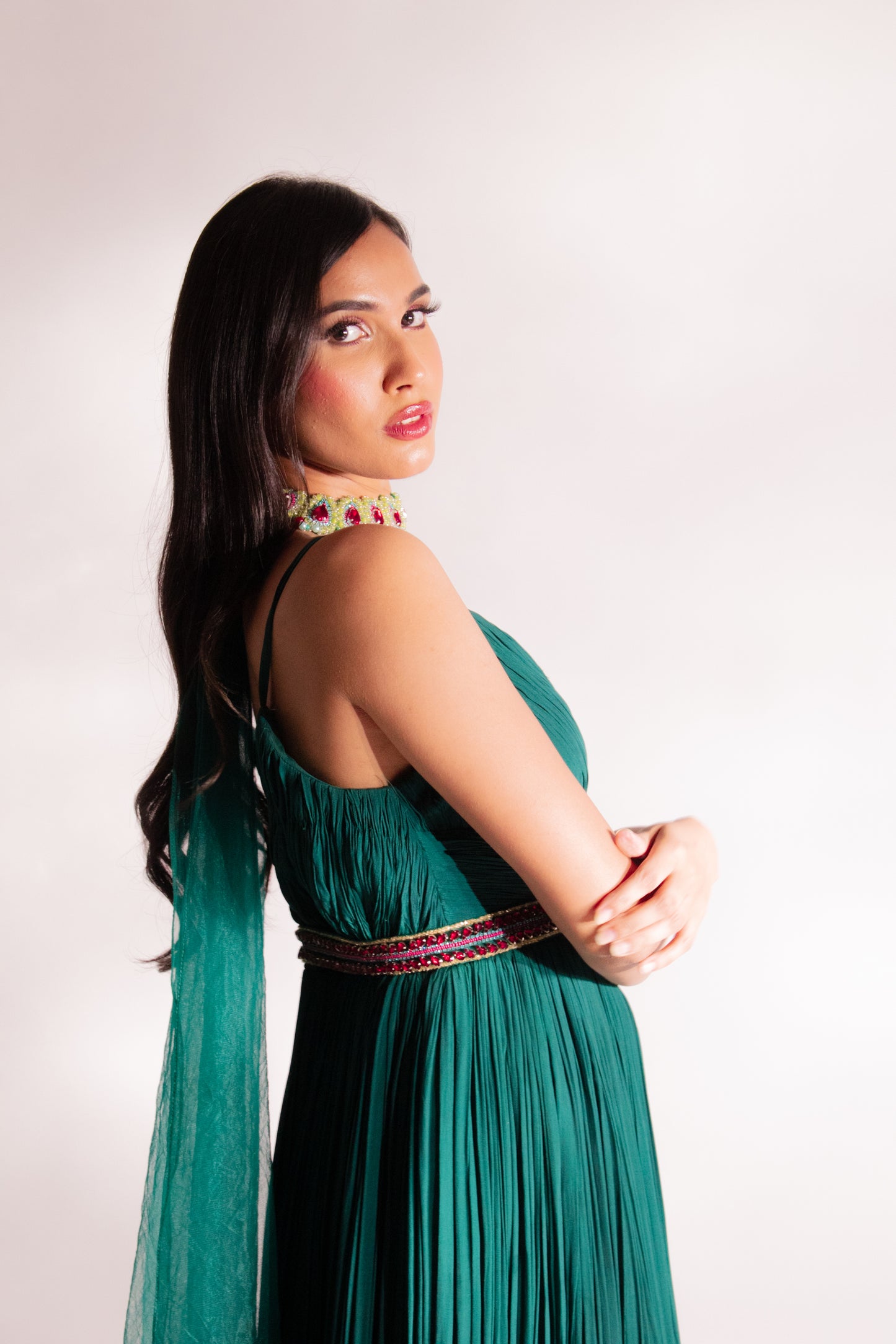 Sage Spirit- Unveil Elegance & Embrace Enchantment with our ruched suit & choker neck dupatta