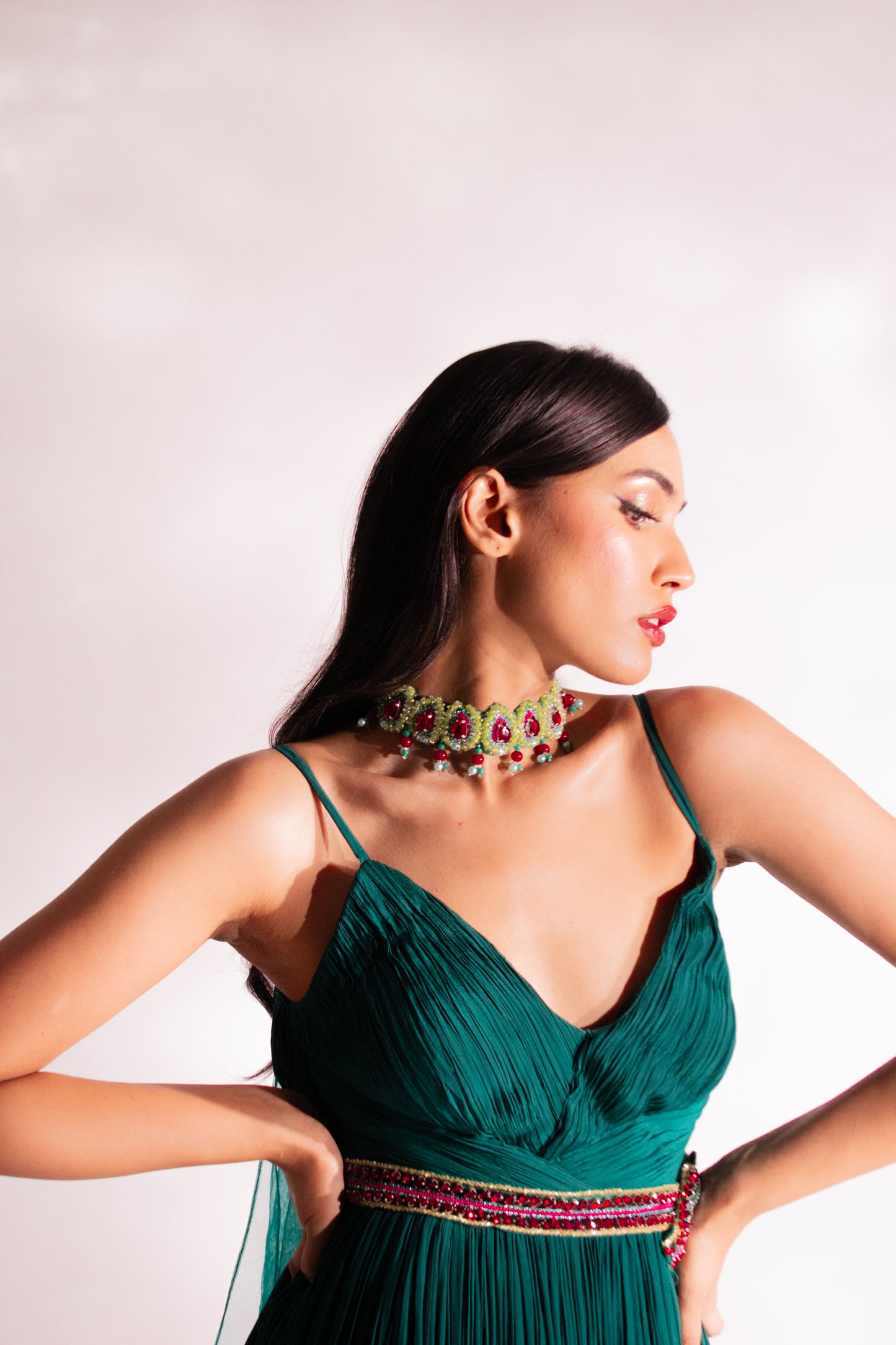 Sage Spirit- Unveil Elegance & Embrace Enchantment with our ruched suit & choker neck dupatta