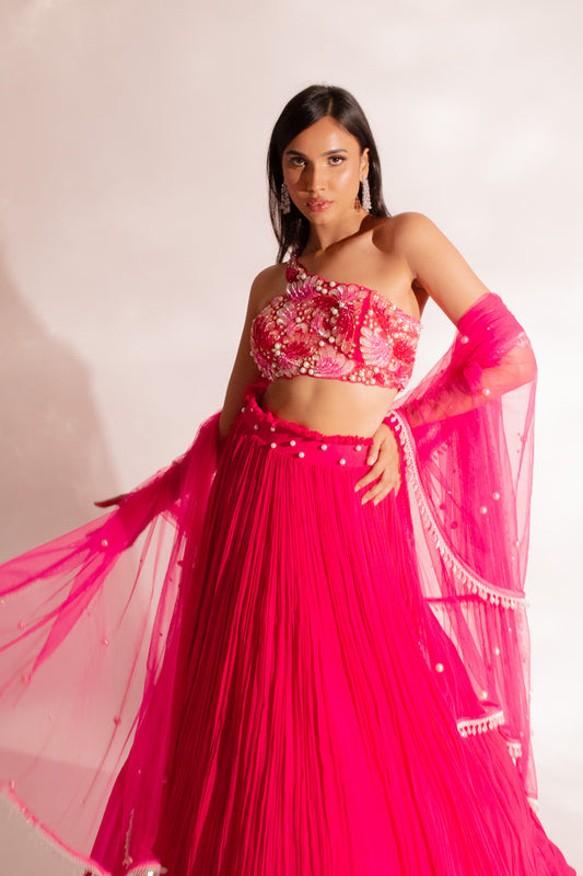 Pink Passion Elegance: Embroidered Blouse, Belted Lehenga, and Net Dupatta
