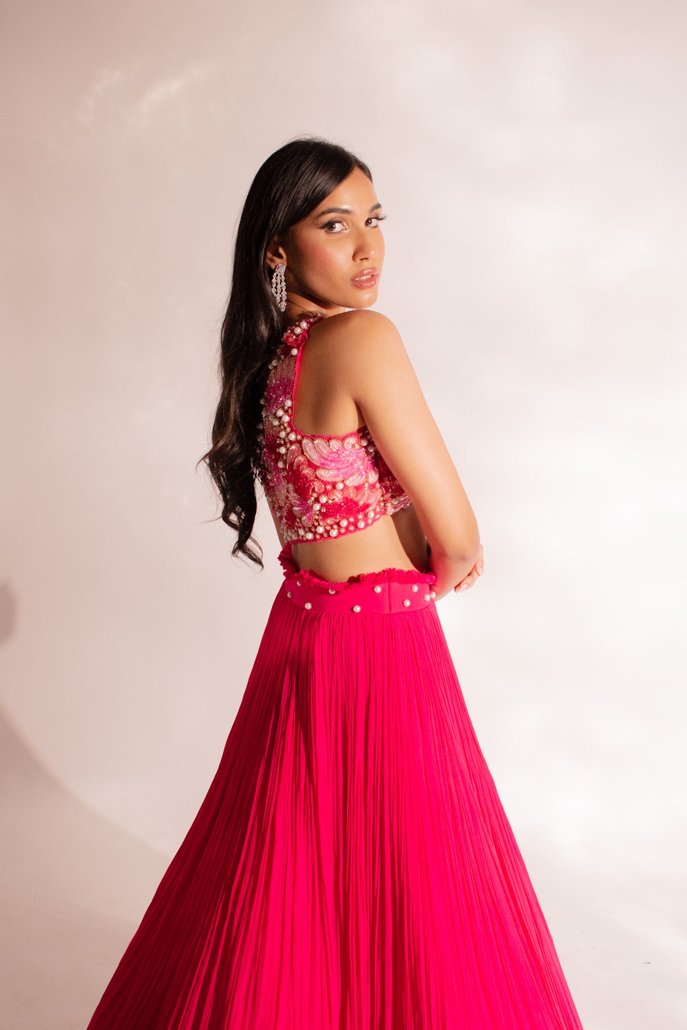 Pink Passion Elegance: Embroidered Blouse, Belted Lehenga, and Net Dupatta