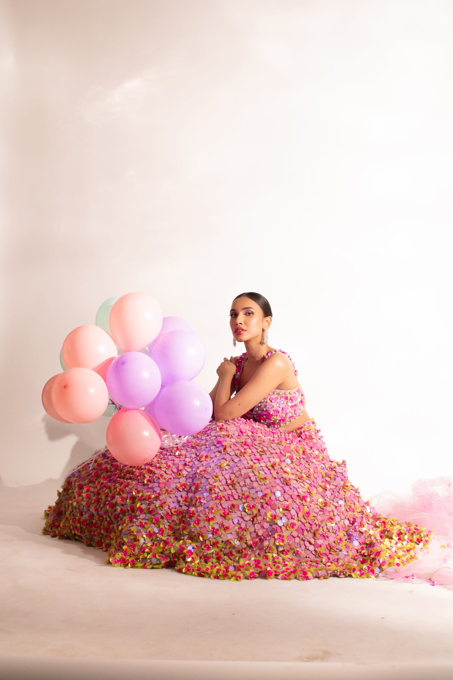 Whimsical Meadows: Lavender Lengha Adorned in Pink and Green Drops