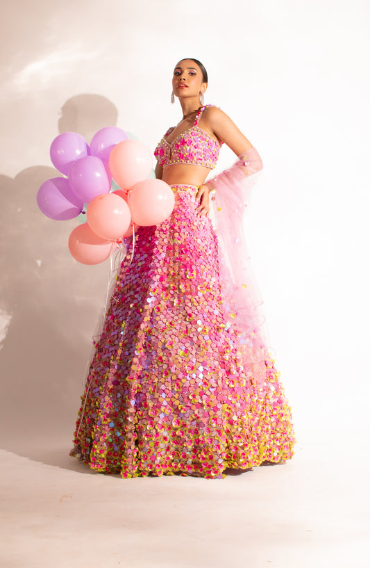 Whimsical Meadows: Lavender Lengha Adorned in Pink and Green Drops