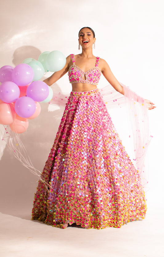 Whimsical Meadows: Lavender Lengha Adorned in Pink and Green Drops