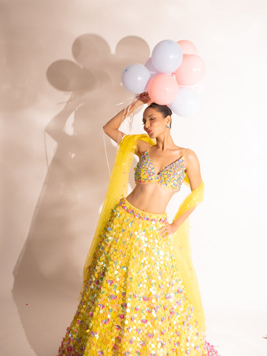 Sunshine Splendor Lengha: A Tapestry of Tassels and Sequins