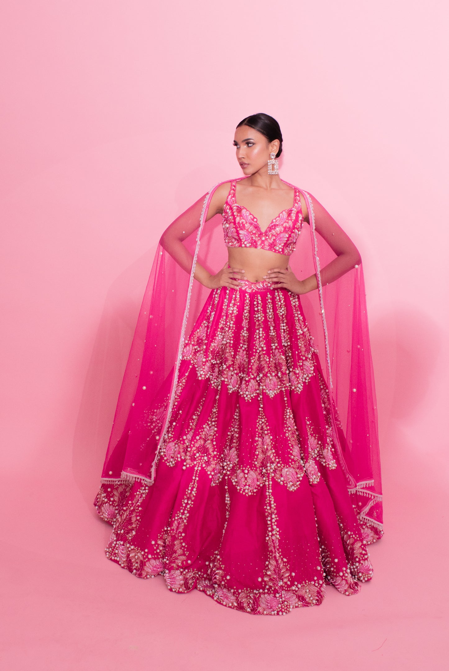 Pink Petals and Pearls: Embroidered Lehenga with Sequins and Cutwork