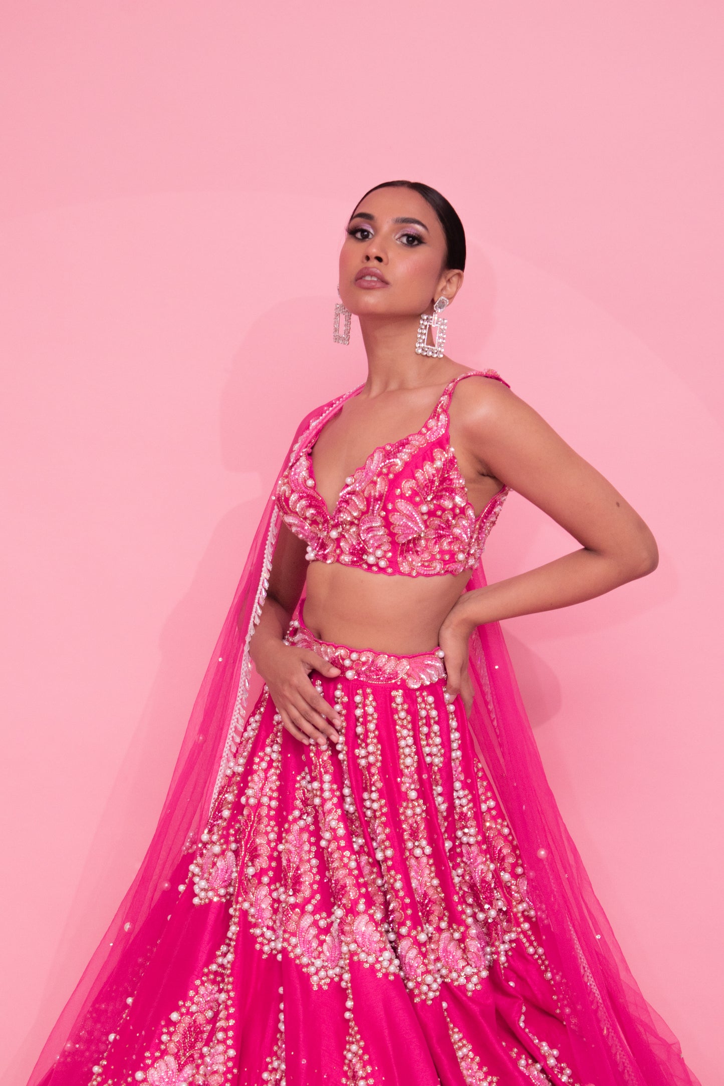 Pink Petals and Pearls: Embroidered Lehenga with Sequins and Cutwork