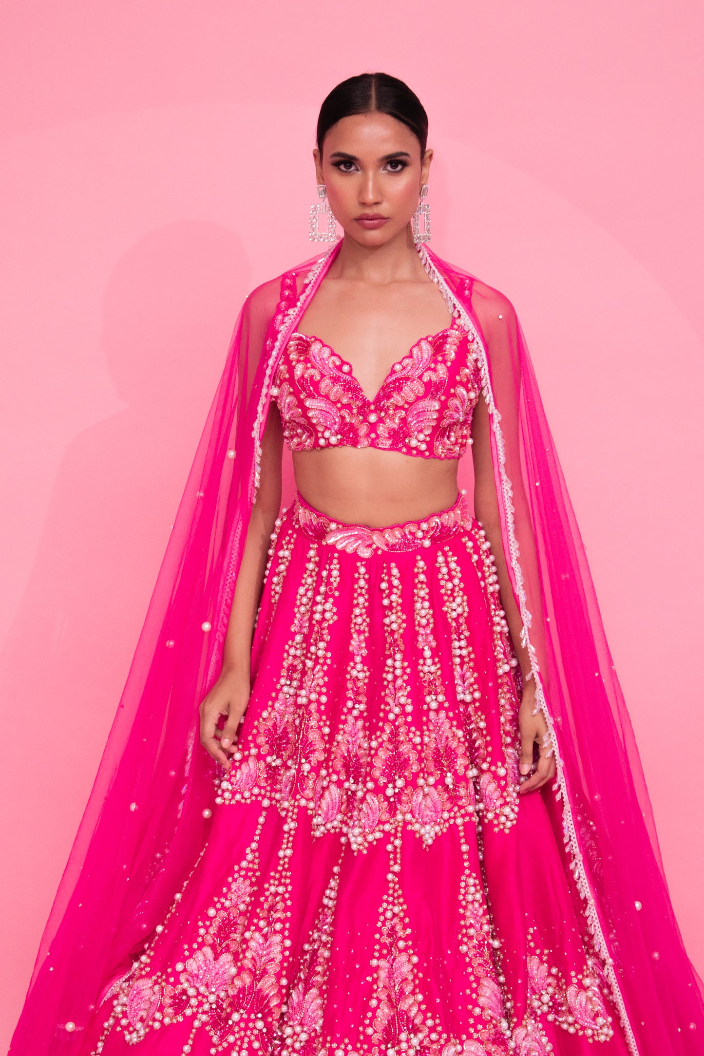Pink Petals and Pearls: Embroidered Lehenga with Sequins and Cutwork
