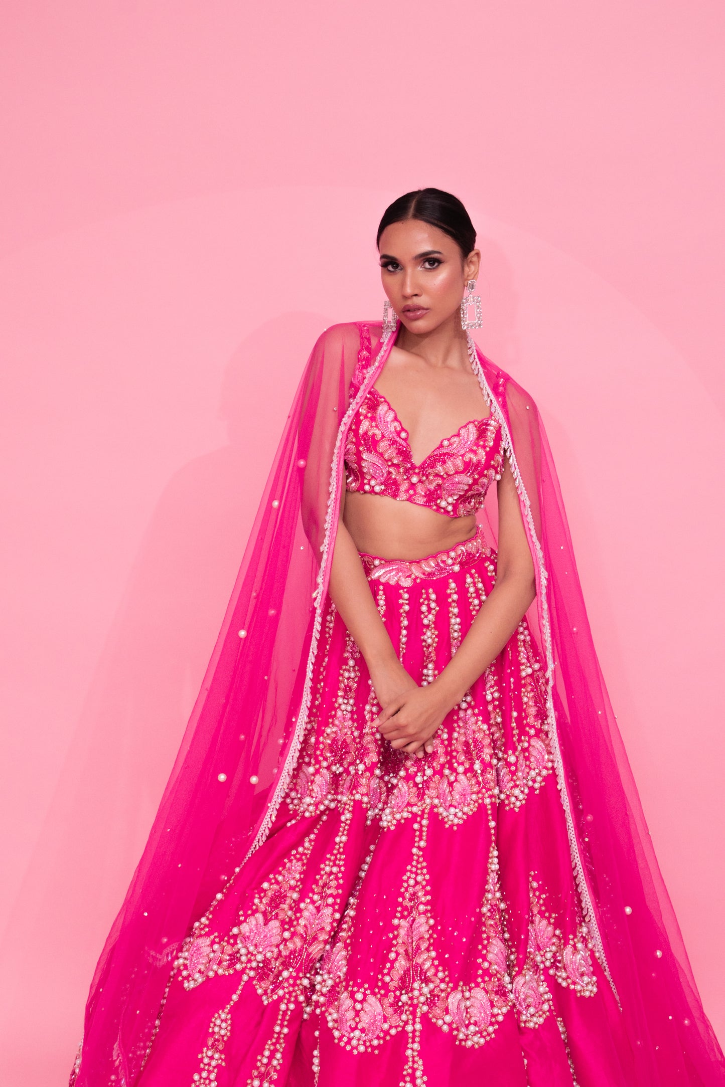 Pink Petals and Pearls: Embroidered Lehenga with Sequins and Cutwork