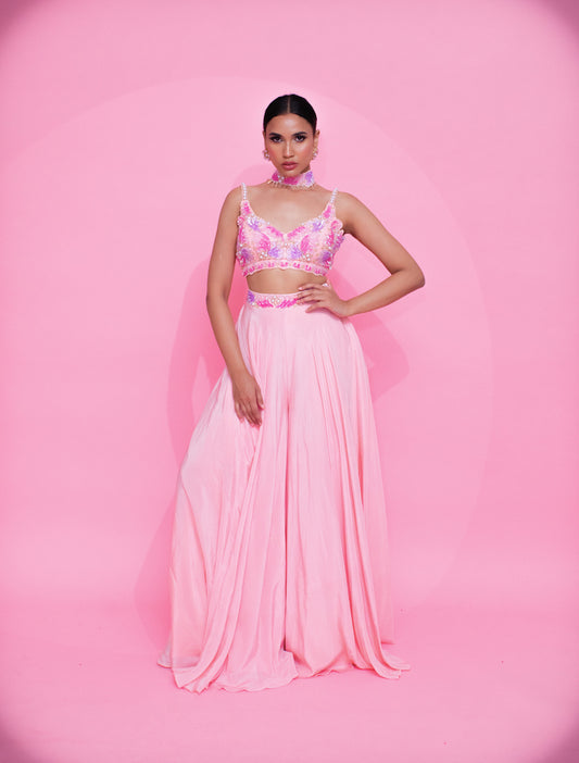 Pink Pearl Perfection: Sequins Embroidery Blouse Palazzo Set with Choker Dupatta
