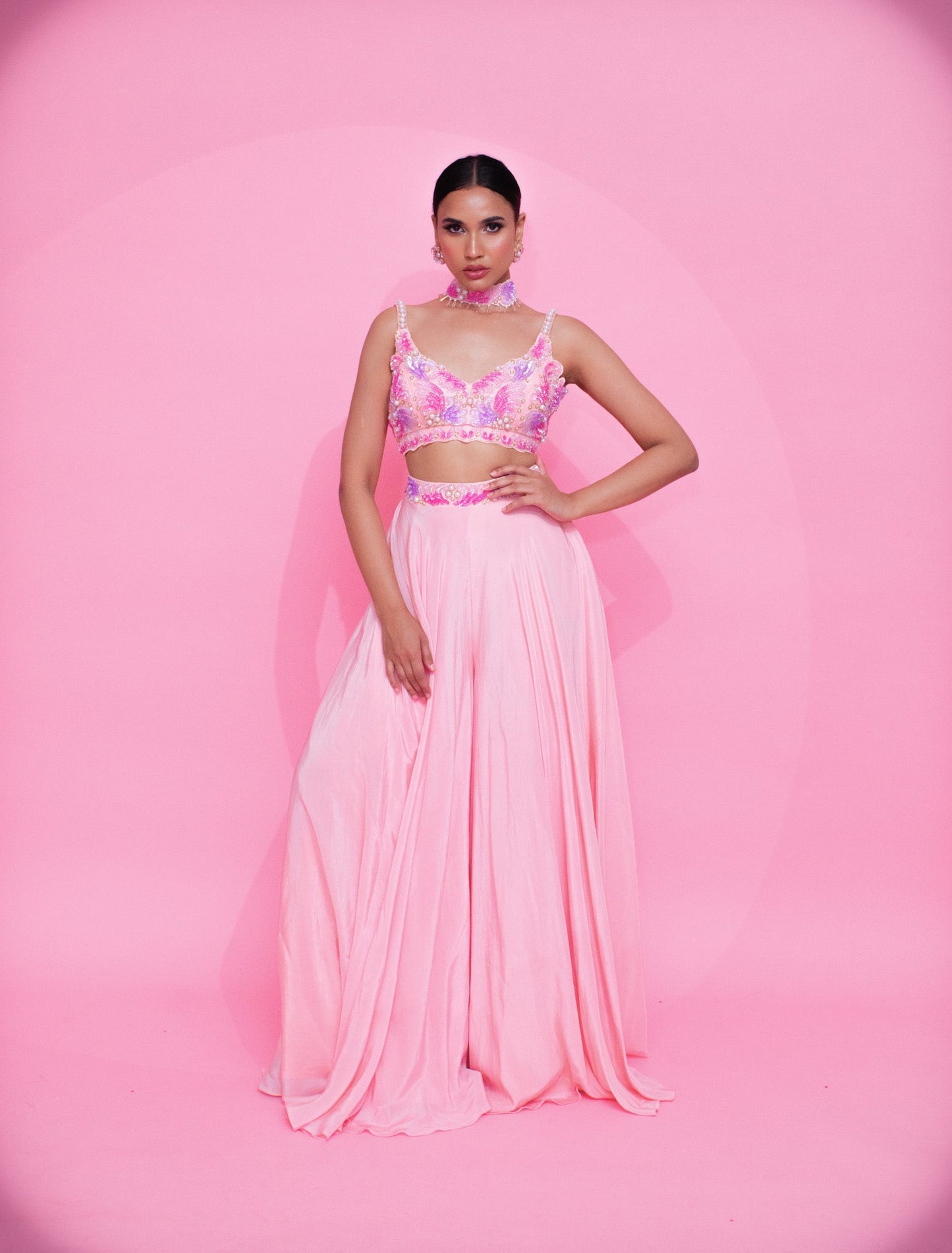Krystle Dsousa X Anshika Tak Label ( Pink Pearl Perfection: Sequins Embroidery Blouse Palazzo Set with Choker Dupatta)