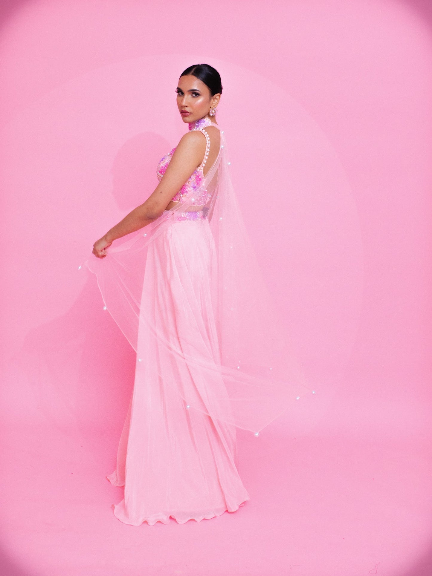 Krystle Dsousa X Anshika Tak Label ( Pink Pearl Perfection: Sequins Embroidery Blouse Palazzo Set with Choker Dupatta)