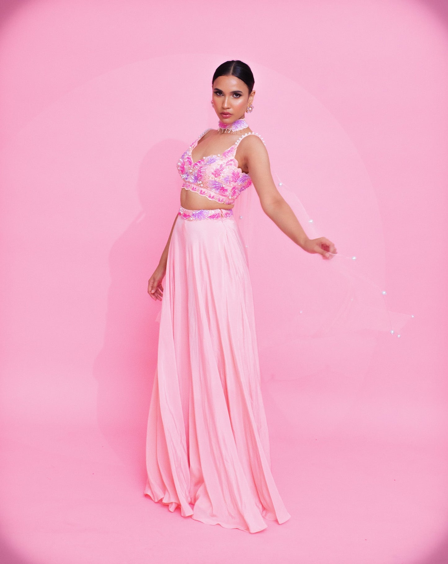 Krystle Dsousa X Anshika Tak Label ( Pink Pearl Perfection: Sequins Embroidery Blouse Palazzo Set with Choker Dupatta)