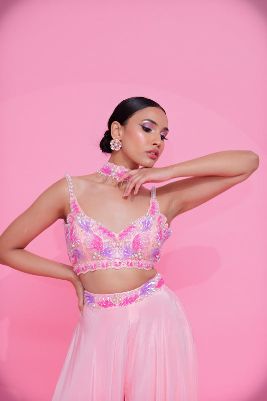 Pink Pearl Perfection: Sequins Embroidery Blouse Palazzo Set with Choker Dupatta